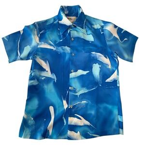 Vintage 70 Tori Richard Hawaiian Button Up Shirt Blue Abstract Dolphin Small USA